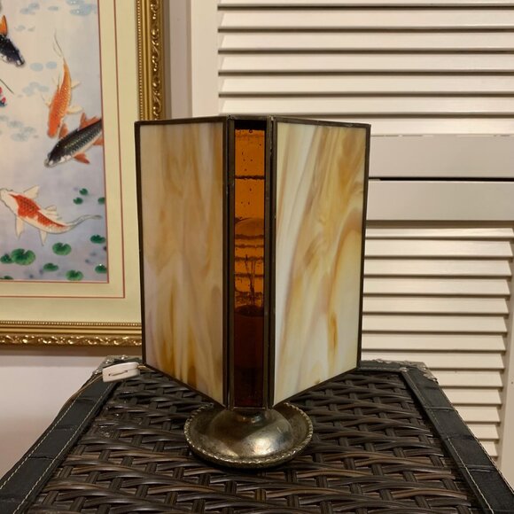 MCM Vintage Art Deco Brass Slag Glass Table Lamp - Picture 3 of 10